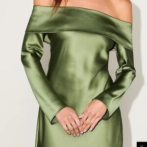 Lulus Luxurious Vision Olive Green Satin Off-the-shoulder Mini Dress - Size XXS